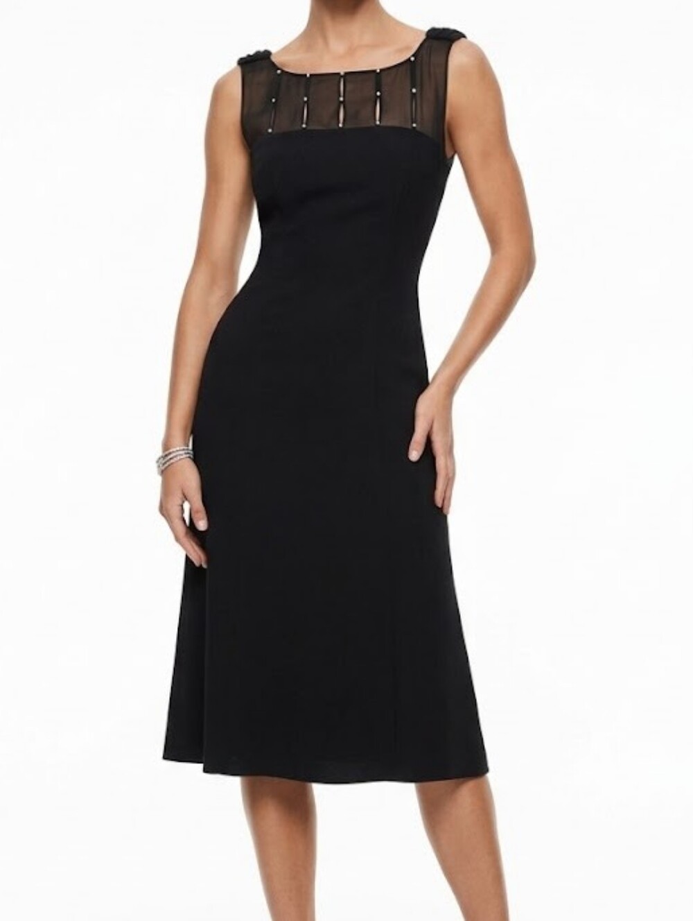Jones Wear Dress Black Midi Dress with Sheer Beaded Yoke